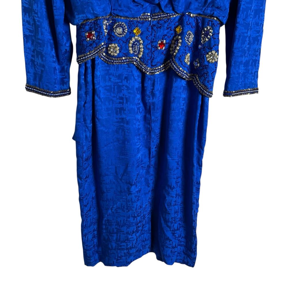 Vintage 80s d’ore Royal Blue Jewel Beaded Silk Jacquard Long Sleeve Dress Size 8 - Picture 5 of 11